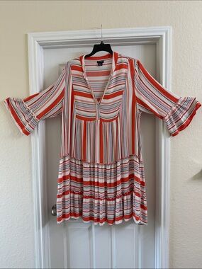 Vince Camuto Coral and White Striped V-Neck Boho Dress